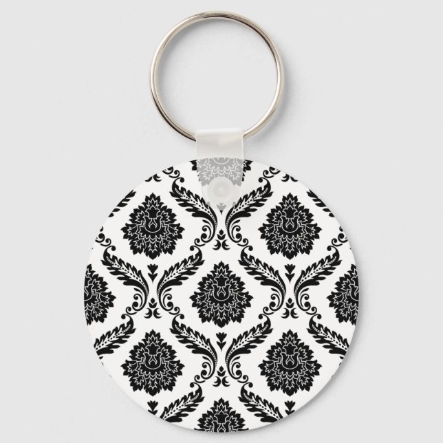 Porte-clés Rococo Damask Pattern Black on White (Recto)