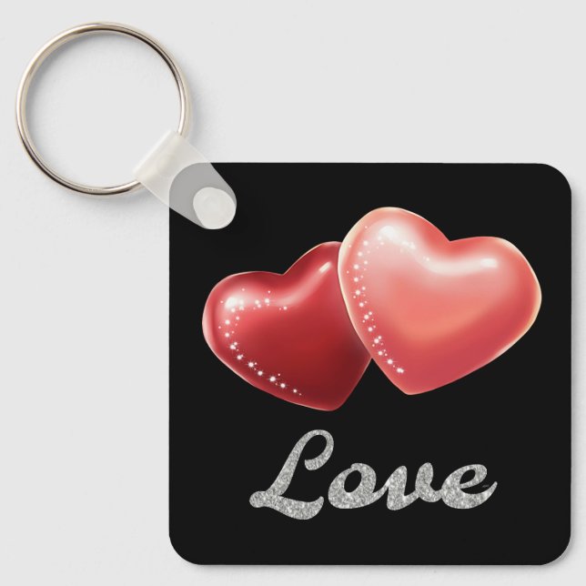 Porte-clés Romantic Sparkling Red Hearts "Love" Glitter Desig (Recto)