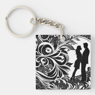 Porte-clés Romantique Noir & Blanc Floral Silhouette Couple