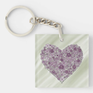 Porte-clés rond en forme de cœur à fleurs violette