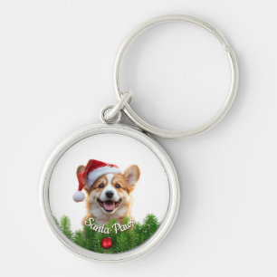 Porte-clés rond personnalisé – Santa Paws Corgi