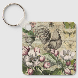 Porte-clés Rooster Garden Flower Papillon Art