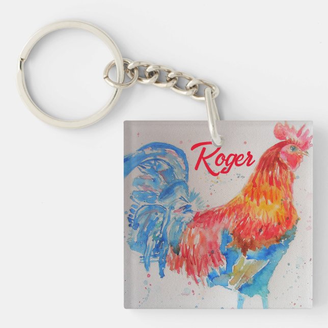 Porte-clés Rooster rouge aquarelle peinture art poulet (Devant)
