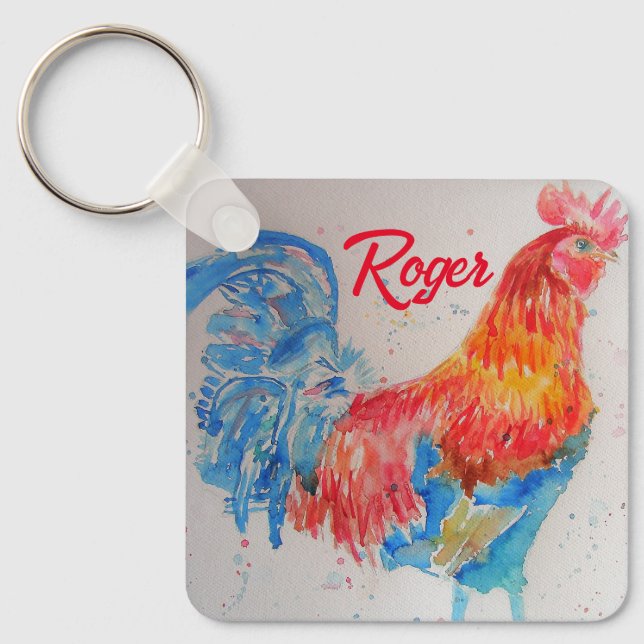Porte-clés Rooster rouge aquarelle peinture art poulet (Recto)