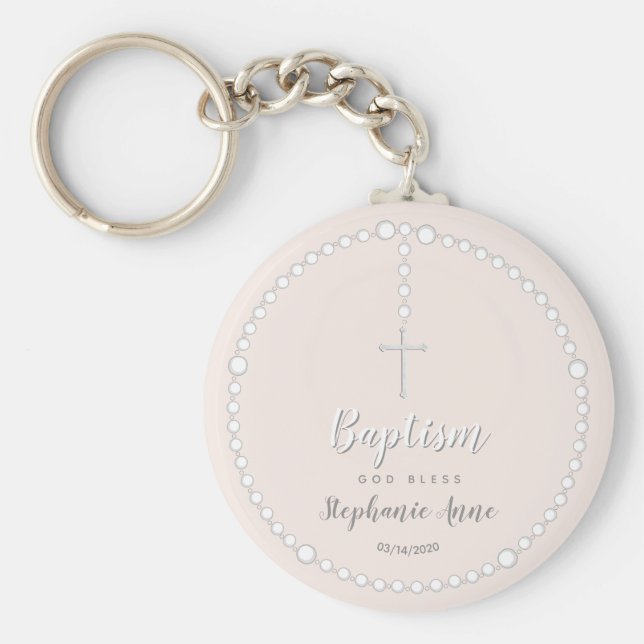 Porte-clés Rosaire du baptême sur rose (Devant)