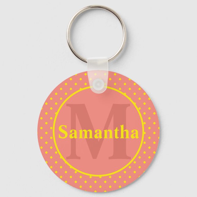 Porte-clés Rose avec Pois Jaune Monogramme Personnalisé (Recto)