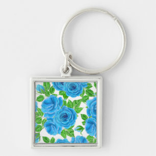 Porte-clés Rose bleu aquarelle motif transparent