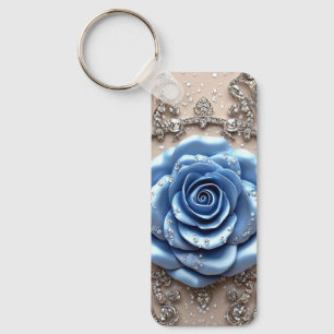 Porte-clés Rose Bleue Élégante avec Diamants Brillants