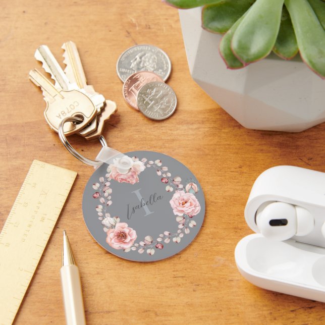Porte-clés Rose d'aquarelle Wreath personnalisée | Gray (Bureau)