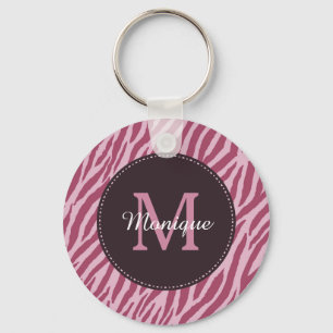 Porte-clés Rose élégant rose zèbre d'impression Monogramme et