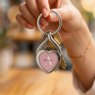 Porte-clés Rose Élégante Monogramme Nom Cœur Rose Thé 