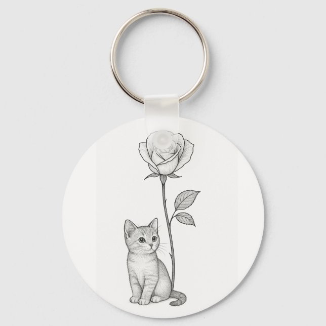 Porte-clés Rose Élégante Noire avec Petit Chaton (Recto)