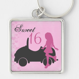 Porte-clés Rose et noir Sweet 16 Silhouette fille avec voitur