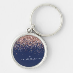 Porte-clés Rose Gold Bleu Marine Pailleté Monogramme Rose Fon