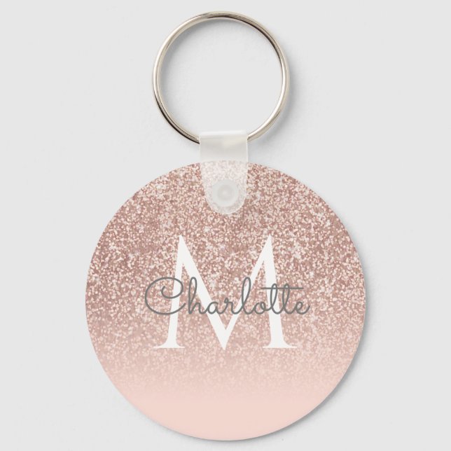 Porte-clés Rose Gold Glitter Blush Pink écriture Monogramme (Recto)