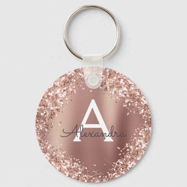 Porte-clés Rose Gold Poudrée Pailleté Monogramme (Recto)
