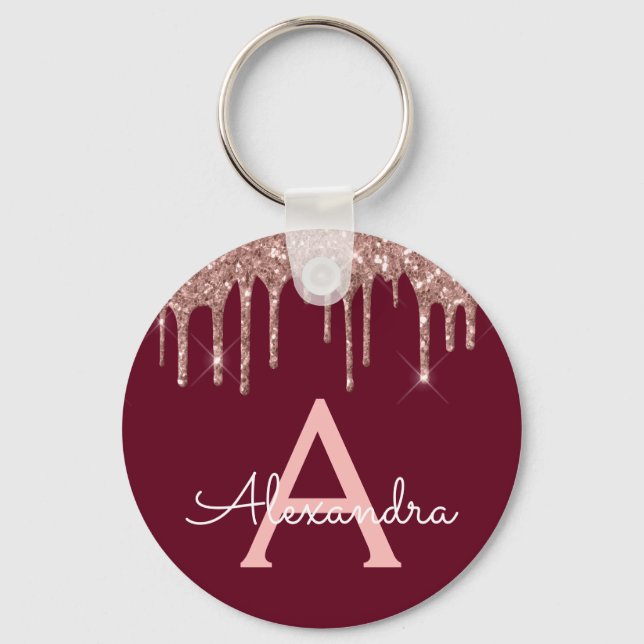 Porte-clés Rose Gold Rose Burgundy Pailleté Monogramme (Recto)
