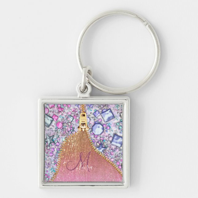 Porte-clés Rose Monogramme de Parties scintillant d'or pour f (Devant)