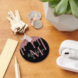 Porte-clés Rose noir Parties scintillant d'or  Monogramme