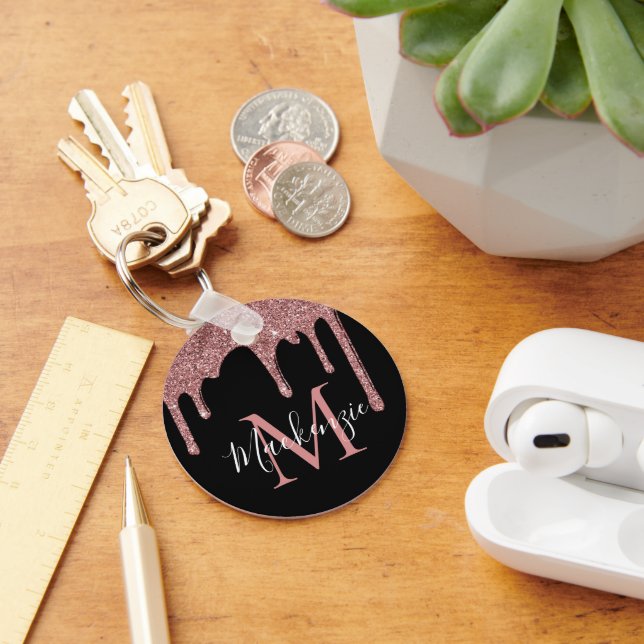 Porte-clés Rose Noire Monogramme à Paillettes Dorées (Bureau)