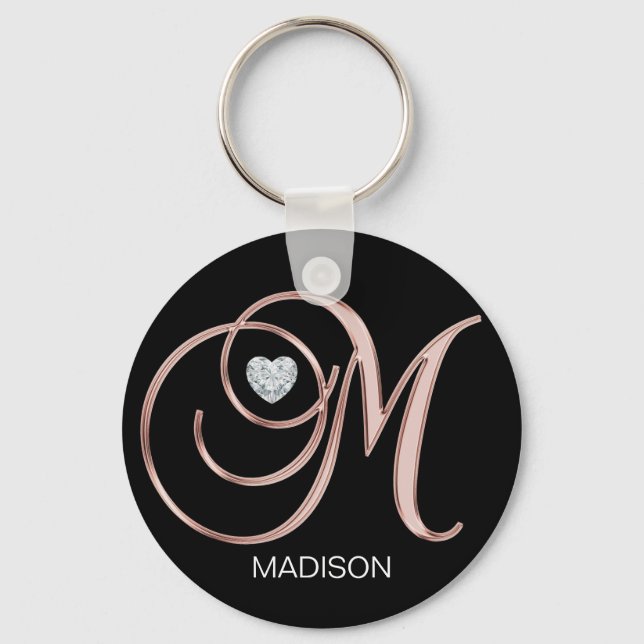 Porte-clés Rose personnalisé Coeur d'or Lettre monogramme M (Recto)