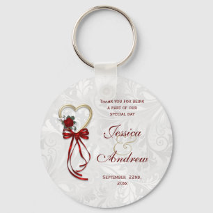 Porte-clés Rose Romantique, Cœur d'Or et Ruban Rouge