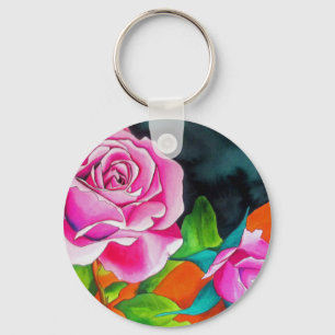 Porte-clés Rose rose avec art aquarelle orange
