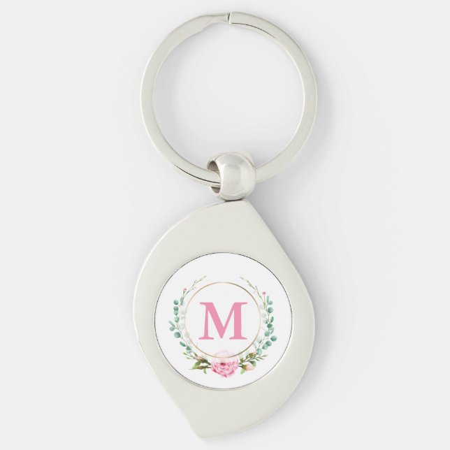 Porte-clés Rose rose et monogramme élégants avec couronne flo (Devant)