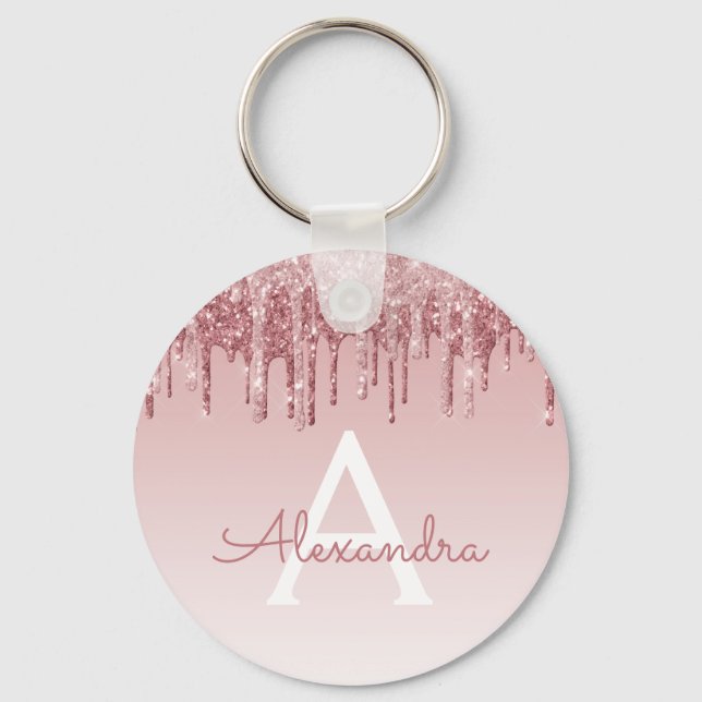 Porte-clés Rose Rose Parties scintillant Or & Monogramme étin (Recto)