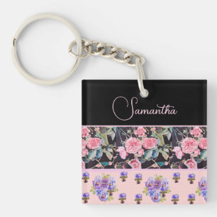 Porte-clés Rose rose pink aquarelle vintage personnalisable