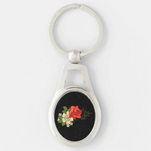 Porte-clés Rose rouge et marguerites sur fond noir