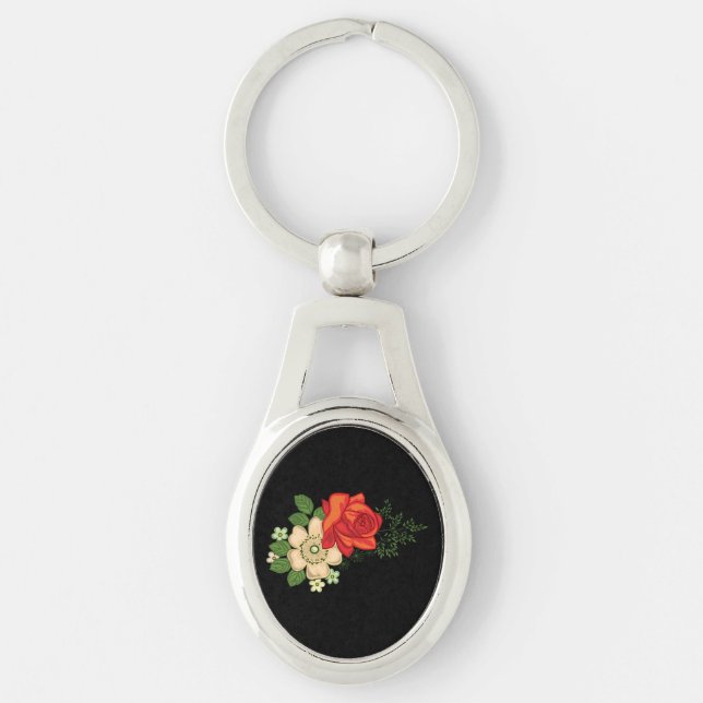 Porte-clés Rose rouge et marguerites sur fond noir (Devant)