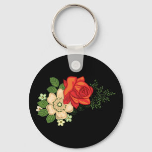 Porte-clés Rose rouge et marguerites sur fond noir