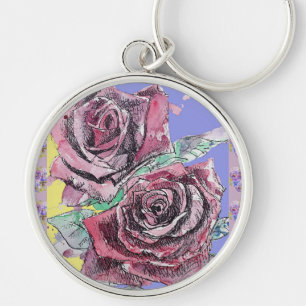 Porte-clés Rose rouge Fleurs d'aquarelle Floral Rose peinture