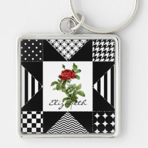 Porte-clés Rose rouge géométrique noire et blanche avec nom