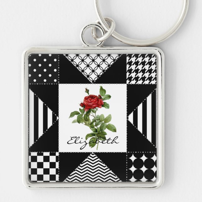 Porte-clés Rose rouge géométrique noire et blanche avec nom (Devant)