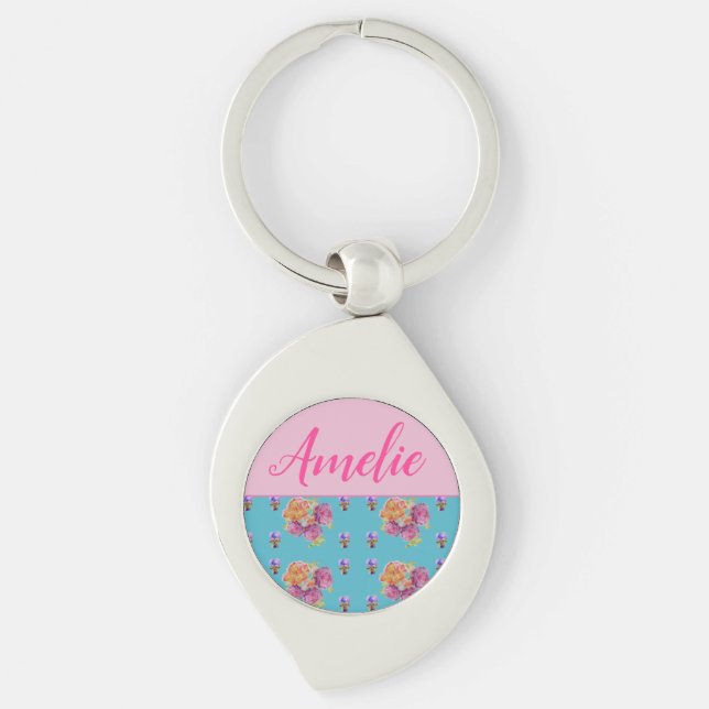 Porte-clés Rose rouge Shabby Chic Aqua Turquoise Floral Flowe (Devant)