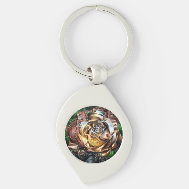 Porte-clés Rose Steampunk avec visage surréaliste - Flor méca (Devant)