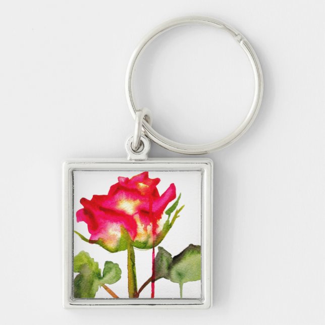 Porte-clés Rose thé hybride aquarelle art floral moderne (Devant)