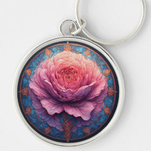 Porte-clés Rose Vibrante en Fleur Entourée de Détails Ornés