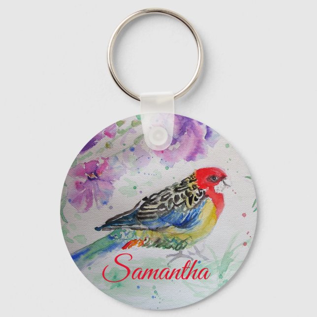 Porte-clés Rosella Parrot Oiseau Aquarelle Filles Nom Cercle  (Recto)