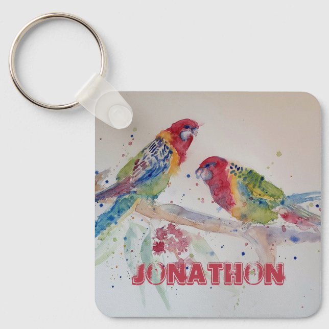 Porte-clés Rosella Parrot Oiseau Aquarelle Garçons Nom Cercle (Recto)