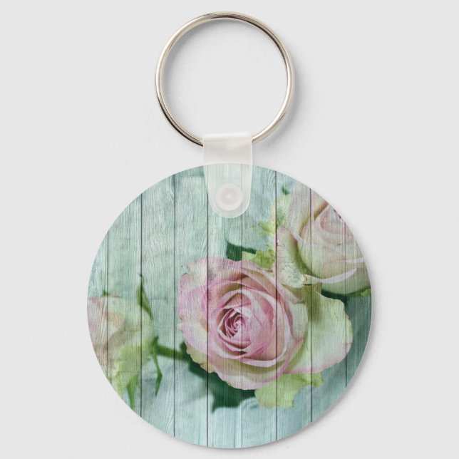 Porte-clés Roses Chic Rose Shabby Sur Bois Bleu (Recto)