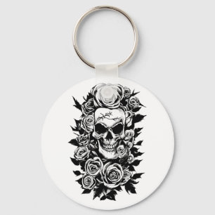 Porte-clés Roses du crâne humain Goth Dessin original à l'enc