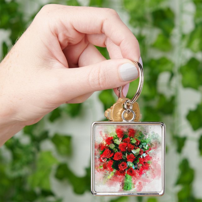 Porte-clés Roses rouges Bouquet d'aquarelle de fleur - wb (Créateur téléchargé)