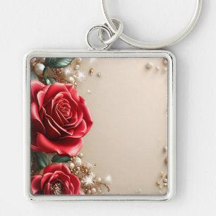 Porte-clés Roses Rouges Élégantes Avec Ornements Dorés