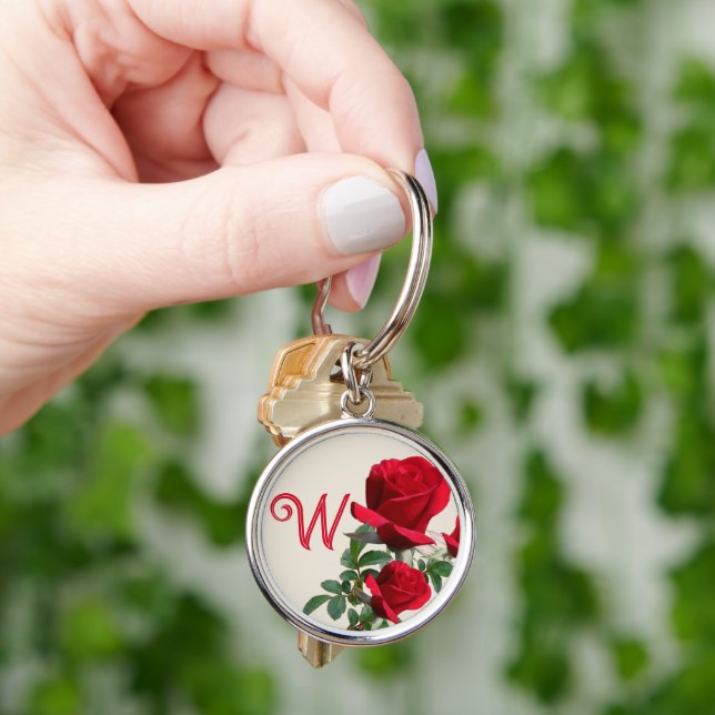 Porte-clés Roses rouges Monogramme Anneau de clé initiale (main)