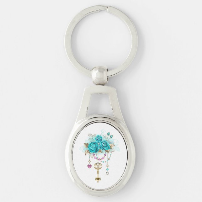 Porte-clés Roses turquoise avec touches (Devant)