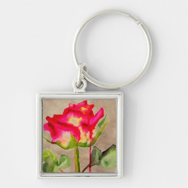 Porte-clés Rosier thé hybride aquarelle art floral moderne (Devant)