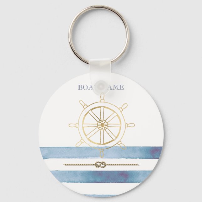 Porte-clés Roue nautique en or, Bleu Aquarelle (Recto)
